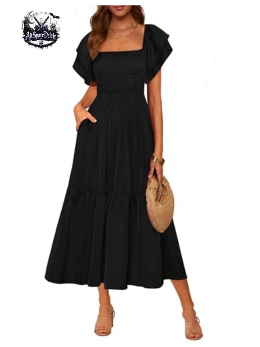Women's Smocked Flowy Midi Dress Square Neck Ruffle Sleeve A-Line Casual